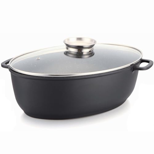 4BIG.fun Cocotte ovale universelle de 7,3 l avec couvercle en fonte d'aluminium anti-adhésif - Couvercle en verre aromatique - Compatible avec l'induction - Sauteuse - Cocotte à oie - Cocotte à canard