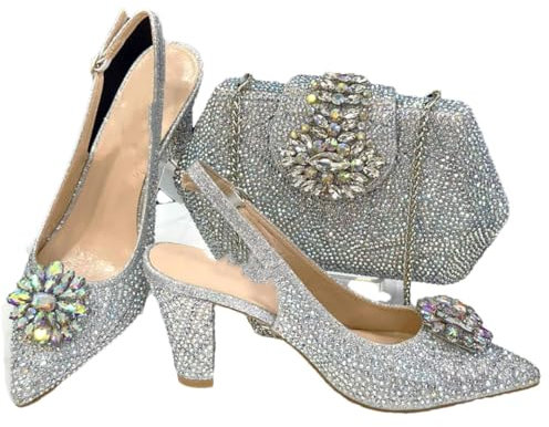 Scarpe da sposa per le donne paillettes colorate e diamante scarpe e borse da donna set di colore fucsia, Argento, 38 EU