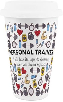 Purely Home Personal Trainer Ceramic Travel Mug - Novelty Humorous Gifts for PTs - Reusable Silicone Lid Double-Walled Insulated Hot/Cold Drinks Flask Cup