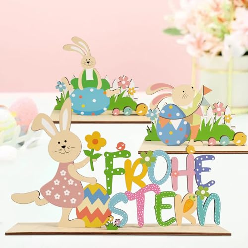 BOYATONG Osterdeko, Deko Ostern Tischdeko 53 Stück Frohe Ostern Deko Schriftzug Aufsteller, Osterhasen Holz Osterdekoration für Kinder Geschenk Frühling Dekoration