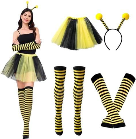 Ajuanbazha Costume da Ape per Donna Adulta, Include Cerchietto con Antenne, Ali, Gonna in Tulle, Guanti e Calzini a Righe, Costume Ape Adulto Perfetto per Feste di Carnevale, Cosplay (Giallo)