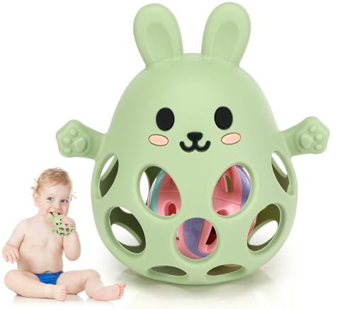 Greifball Für Babys, Teething Ring Baby Toy, Montessori Spielzeug Baby,BPA-Free Zahnungshilfe & Greifball, for Senses and Chew Development,Baby Geschenk Für Babys Von 3-18 Monaten (Olivgrün, Hase)