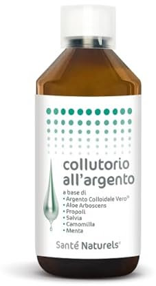 Collutorio 250ml ● Componenti principali: Argento Colloidale Vero, Aloe, Propoli, Echinacea, Camomilla, Malva, Menta, Calendula, Eucalipto, Rosmarino, Chiodi Garofano, Menta, Limone, Tè Verde