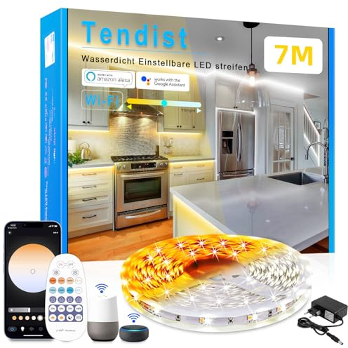 TENDIST 7M Led Streifen Weiß Alexa Kompatibel, 24V 3000k-6500K Warmweiß bis Kaltweiß Dimmbar mit Fernbedienung, Led Strip Weiß Selbstklebend Beleuchtung für Innen Küche Dekoration