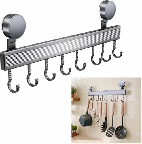Horolas Hakenleiste Küche ohne Bohren mit 8 Haken, 40cm Selbstklebende Küchenleiste mit Saugnapf, 20 kg Tragfähigkeit, Aluminium Hakenleiste Selbstklebend für Küche Badezimmer Schlafzimmer