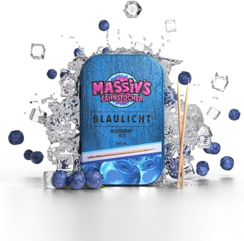 Massiv’s Zahnstocher - Palillos con sabor - BLAULICHT Blueberry Ice - 100 palillos con sabor - Aliento fresco - Caja metálica estilizada - Vegano, Sin azúcar - higiene bucal - contra morderse las uñas | 100 palillos de dientes aromatizados – aliento fresco – elegante lata de metal – vegano, sin azúcar, sin calorías