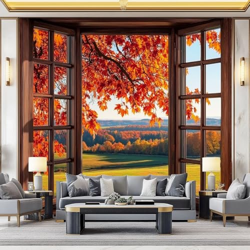 Fotomurales 350 x 256 cm Papel pintado Paisaje otoñal con ventana decoración Pared decorativos Murales Póster Gigante de Pared Personalizado 3D Para Salón o Dormitorio Naranja Verde