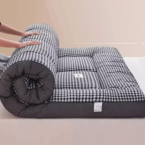 Japanische Futon-Matratze für King-Size-Bett, faltbares und atmungsaktives Bett, weiche, druckreduzierende Rollmatratze für Zuhause oder Schlafsaal (graues Karomuster, 180 x 200 cm)