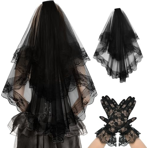 CHONGQILAO Velo de Novia de Encaje Negro, Guantes Cortos de Encaje para Mujer Velo de Halloween, Guantes Florales Negros, Velos de Novia para Halloween, Carnaval, Boda, Cosplay