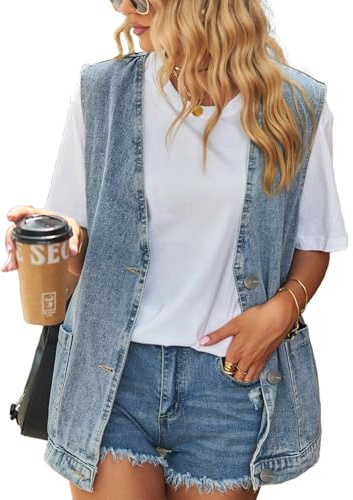 Vanchenl Women's Casual Denim Vest Button Down Oversized Waistcoat Sleeveless V Neck Jean Jackets Light Blue S
