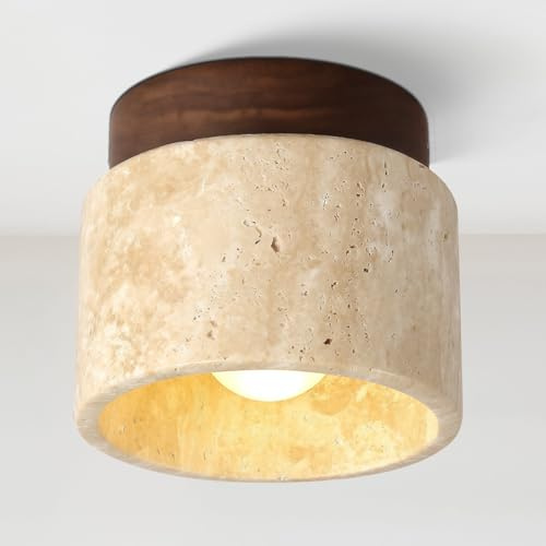 WOTTES Retro Naturgelb Travertin Leuchte Wabi Sabi Indoor Pendelleuchte Vintage Deckenleuchte für Schlafzimmer Flur Wohnzimmer (Stil B)