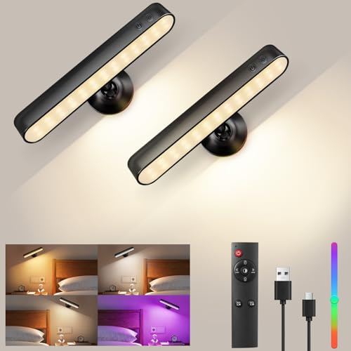 Lámparas LED De Pared Alimentadas Por Pilas, Iluminación De Pared Para Dormitorio, Regulables, Mando a Distancia+Control Táctil, 3 Temperaturas De Color, 15 Colores RGB, Rotación De 360°, Juego De 2