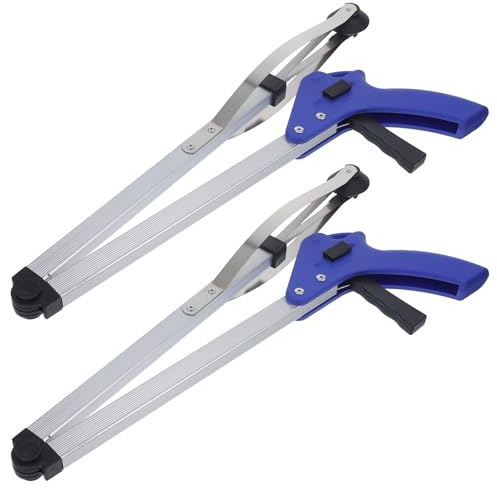 LABRIMP 2 Stück Faltbare Greifzange aus Aluminiumlegierung Müllgreifer mit Elastischer Klammer Erweiterbar für Gartenarbeit Abfallsammlung Senioren und Mobilitätshilfe Blauer Müllpicker