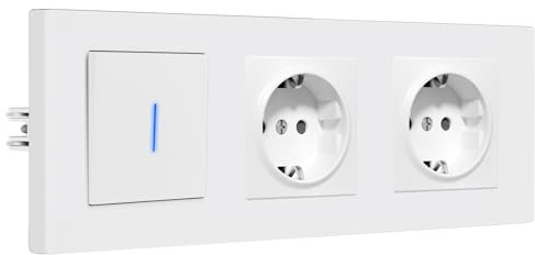 BSEED Lichtschalter mit Doppelt Steckdose, 1 Fach 2 Wege Wechselschalter Unterputz mit Krallen, Modern Schalter mit LED Kontrollleuchte, Matt PC Rahmen, 228 * 86mm, Weiß