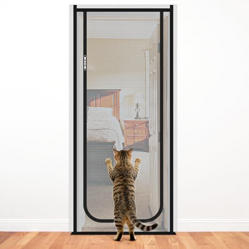 RAYNEAY Mesh Door Screen for Cats, Cat-proof Door Screen Zip Net, 80x210cm | Door Screen to Keep Cats in, Keep Insects Out, Fresh Air Flow, Cat Scratch-Proof, Double-Sided Zipper, Easy to Install