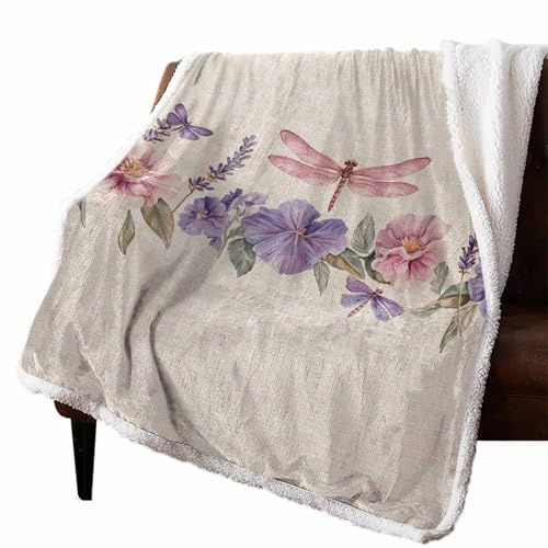Dragonfly Floral Sherpa Fleece Throw Blanket 50 x 80, Spring Retro Pink Flower Watercolor Plant Linen Fluffy Soft Blanket, Warm Lightweight Throw for Couch Bed Sofa Travel Camping, All-Season
