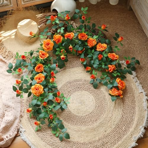 Shyshining 5.9FT Bendable Rose Flower Garlands, Artificial Silk Wild Roses Vine Hanging Flowers for Wall Fireplace Fence Trellis Wedding Baby Shower Home Spring Decor(Orange,2PC)