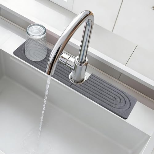comfoyar Stone Faucet Mat, Diatomite Quick Drying Mat and Sink Protector for Kitchen Sink Splash Guard, Water Absorbing Stone Tray with Non Slip Pad for Bathroom Counter, 40×10cm, Grey
