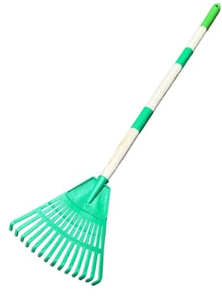 Rastrillo de Hojas pequeño con Mango Largo, 14 púas, 3 Secciones, Herramienta jardinería for el hogar, Limpieza rápida, Compatible arbustos macizos Flores(Green)
