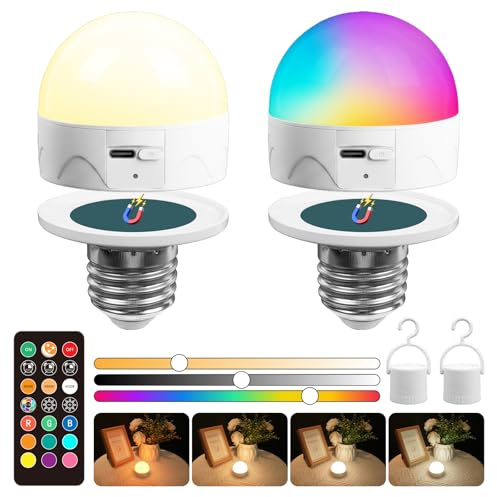 TobeBright Bombilla LED E27 Recargable con Mando, Regulable RGB+3 Temperaturas de Color+1800K Modo Nocturno, Bombilla Inalámbrica USB para Camping, Mesita de Noche e Iluminación de Emergencia,2-Unidad