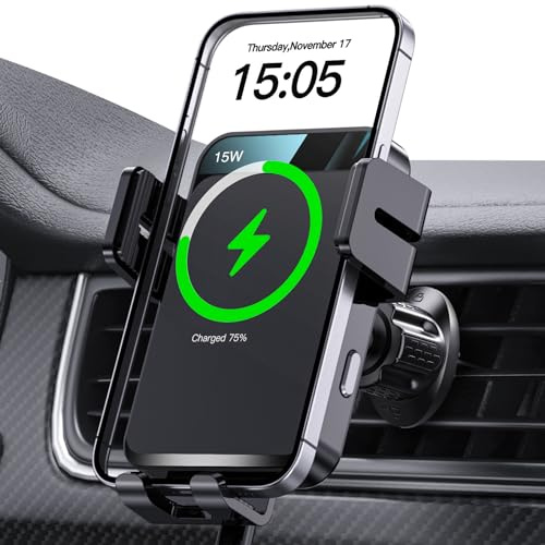 MOKPR Wireless Car Charger, 15W Car Phone Holder Wireless Charger | Auto-Clamping Wireless Car Phone Charger, Air Vent for iPhone 17/16/15/13/12&Samsung S26/S25/S24/S23/S22(Black)