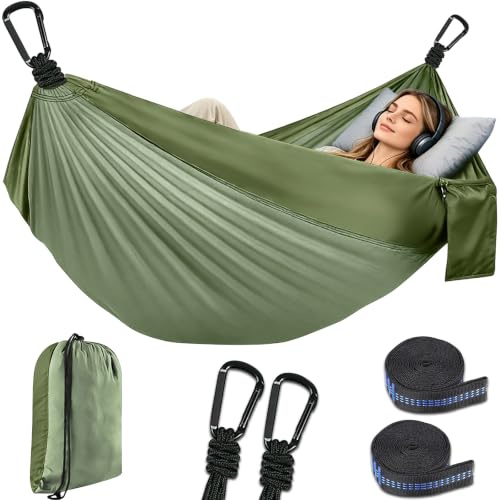 NXPZ Hamaca de Camping Exterior, Hamaca Doble 300 x 200 cm, Capacidad de Carga 300 kg, Nylon Paracaídas Transpirable, Hamaca de Viaje Superligera, para Camping, Jardín, Balcón (Verde)