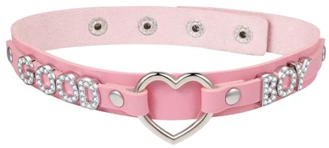 Cupimatch Punk Choker Halsband Damen Rosa: Herzförmiger Lederhalsreif mit Good Boy Strass Buchstaben Verstellbarer Halskette im Gothic Y2K Stil für Party Cosplay Modeaccessoire