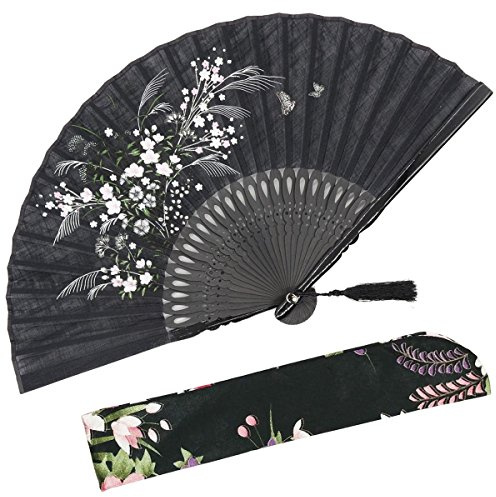 OMyTea - 'Grassflower', Faltbarer Handfächer für Frauen. Japanischer/Chinesischer Retrostil. Mit Schutzbeutel aus Stoff. Schwarz