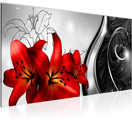 Runa Art Wandbild Blumen Lilien 1 Teilig 100 x 40 cm Modern Bild auf Vlies Leinwand Rot Wohnzimmer Schwarz Weiss 208412c