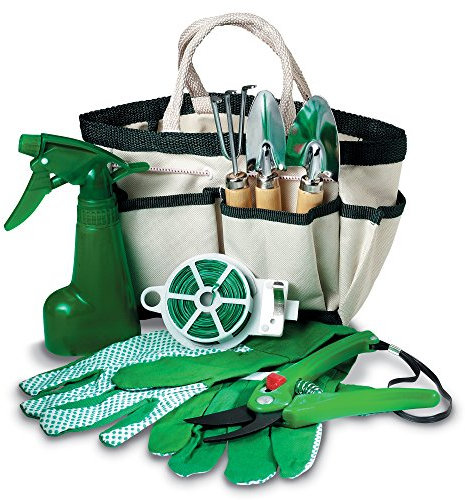 7-teiliges Gartenset bestehend aus: Harke, 2 Schaufeln, Handschuhen, Blumensprüher, Bindedraht sowie Gartenschere