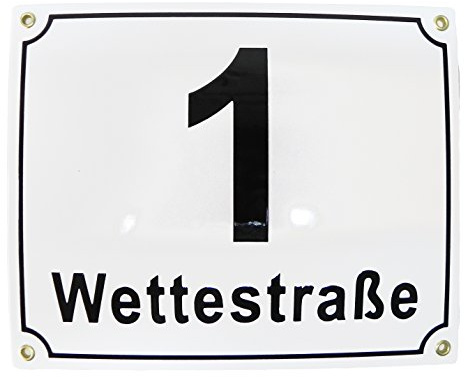Hausnummer Hausnummernschild Emaille 20x25 cm mit Wunschstraßennamen und Nummer Straßennamen, Hausschild, Individuell anpassbare Hausnummer, Vorbohrungen Wetterfest, Türschild, Wunschtext