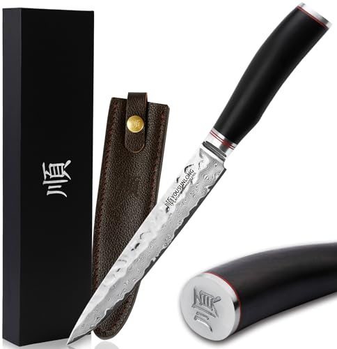 YOUSUNLONG Carving Knives 8 inch Slicing Knives - Japanese Hammered Damascus Steel - Natural Ebony Wooden Handle with Leather Sheath