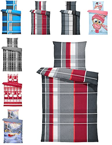 one-home Winter Bettwäsche Thermo Fleece Kuschelig Warme Bettbezüge Flauschig Warm Weich, Größe:4 teilig 135x200 cm, Farbe:Streifen Rot Grau