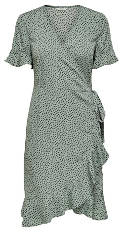 ONLY Damen Blusen Wickelkleid | Lockeres Midi Kurzarm Tunika Dress | Knielang mit Bindegürtel ONLOLIVIA, Farben:Grün-2, Größe:40