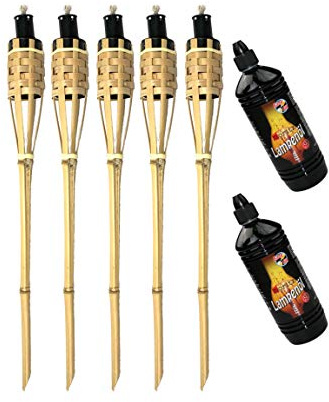 Moritz Lot de 5 torches en bambou de luxe 90 cm Standard Naturel + 2 x 1000 ml Huile pour lampe torche de jardin torche à huile décoration jardin lampe à huile Chemin
