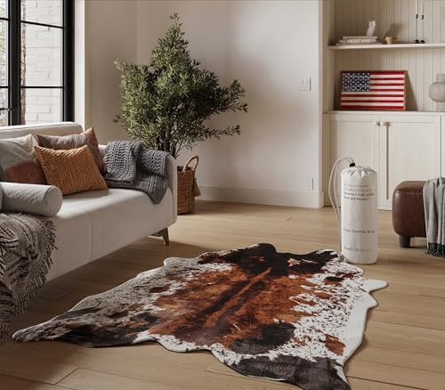 NativeSkins Tappeto in finta pelle bovina, 180 x 200 cm, stampa mucca marrone, per soggiorno e camera da letto, non perde pelo, piatto, adatto agli animali domestici, retro in finta pelle scamosciata