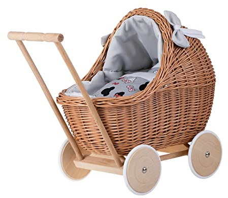 e-wicker24 Alles aus Weide Puppenwagen aus Weide mit Bettwäsche perfekte Geschenkidee Korbpuppenwagen schöner Spielzeug aus Korbgeflecht Korbwagen für Puppen Spielzeug für Mädchen (Grau)