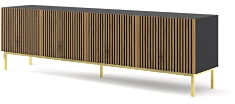 BIM Furniture Lowboard TV Cabinet Ravenna B 78,6 x16,5 x 22,0 4- Door Milled Decorated MDF Fronts for 75 TV on Gold Metal Frame Standing Unit TV Board Sideboard HiFi Table Black Matt/Artisan Oak