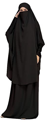 DOTBUY-SHOP Muslimisches Kleid Damen Einfarbig Zweiteiliger Muslim Lange Robe mit Hijab Naher Osten Dubai Arab Islamischer Ramadan Sommerkleid Gebetskleidung Abaya für Frauen