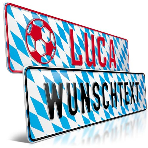 1 Bayern-Schild geprägt | Bayernraute Fun-Schild Wunschtext | Viele Symbole | Bis 16 Zeichen | Individuelles Fun-Kennzeichen aus Aluminium | Namensschild | Auto-Kennzeichen | Freistaat Bayern