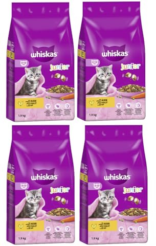 WHISKAS Beutel Katzenfutter Trockenfutter (4X 1900g, Huhn, Junior 2-12 Monate)