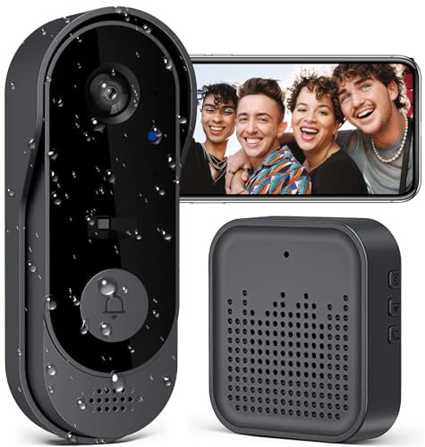 Sonnette sans Fil avec Caméra,1080P WiFi Sonnette Étanche, Batterie Visiophone sans Fil avec Carillon, Audio Bidirectionnel, Vision Nocturne Infrarouge, Détection Humaine PIR (A)