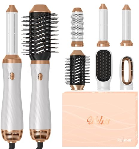 Ukliss 6 in 1 Air Styler Set, Varmluftsborstar med Thermal Brush, Blow dryer, Hårtorkare, Hair Dryer Brush, Hårrätare Borste,Air Automatik Locktång, Hårtork, Värmeborste, FöR Alla HåRtyper