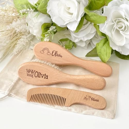 3-teiliges personalisierbares Baby-Haarbürsten- und Kamm-Set, personalisierbar, Babybürste und Kamm, Set für Mädchen, personalisierte Holz-Haarbürste, Babyparty, Andenken, Geschenk, Baby, Mädchen,