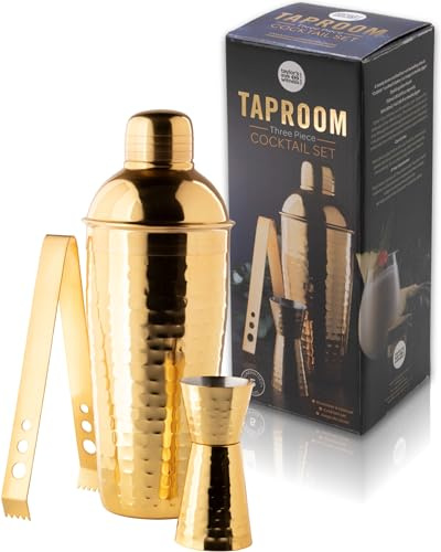 Taylor's Eye Witness Taproom 3pcs Gold Coloured Hammered Stainless-Steel Cocktail Shaker Set - Includes 500ml (17.5fl oz) Metal Cobbler Shaker, 25ml/40ml Double Jigger & Ice Tongs.