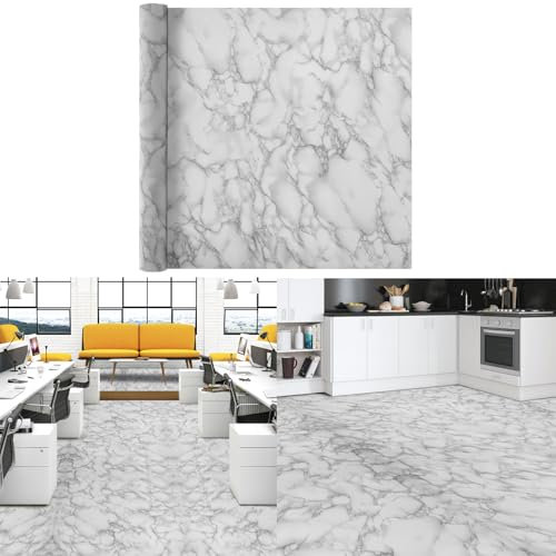 Warmiehomy Floor Tiles Roll Self Adhesive Vinyl Flooring,60cmX10m Peel and Stick Waterproof Flooring Tiles for Bedroom Living Room Kitchen Floor (White-Grey)