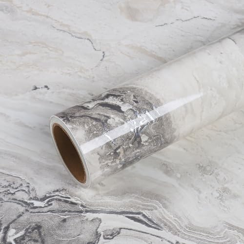 VEELIKE Papier Adhésif Marbre Beige Gris 81 cm × 300 cm - Papier Peint Brillant Épais Vinyle Imperméable pour Cuisine et Salon