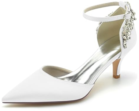MINITOO Scarpe da sposa da donna cinghie tacco basso sera décolleté MY040, My040 Bianco tacco 6 cm, 41 EU