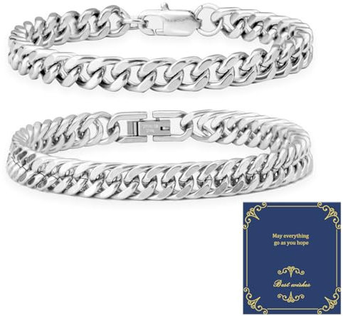 XIANNVXI 19cm Silber Armband Herren Edelstahl für Männer, Kubanische Schmuck Set, 8mm (2 Stück) - Geschenke für Papa, Ehemann