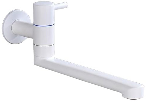 Messing Wandmontierte Küchenspüle Wasserhahn Drehbar 180° Einzelner Kaltwasserhahn mit 30 cm Verlängerung für Badezimmer Waschbecken Weiß Finish